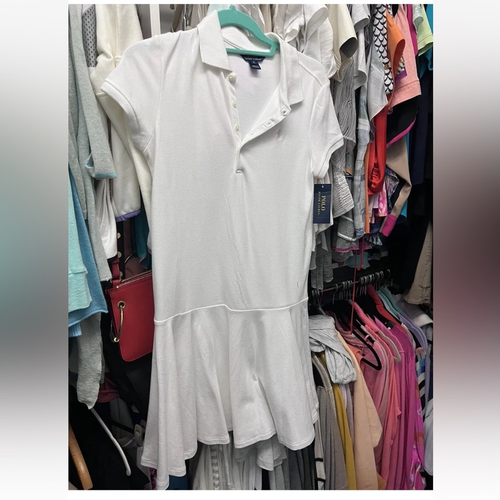 Ralph Lauren Girls Ruffle Dress~Stretch Mesh Polo~White w/ Pink Logo~XL (16)~NWT